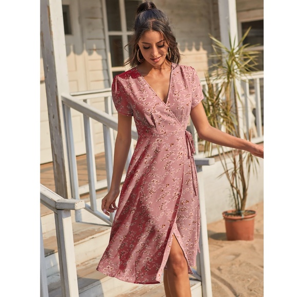 Rouge! Dresses & Skirts - Dusty Pink Floral Wrap Midi Dress